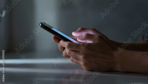 Mental health benefits from daily life balance shown by person holding smartphone in low light with focus on hands and screen glow