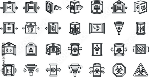 Decontamination and biohazard chamber icon collection with filtration systems and safety units, clean line vector set for laboratory, medical and hazardous material control design