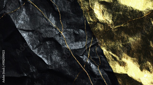 Abstract background features contrasting sections of crinkled dark material overlaid with fine golden threads.