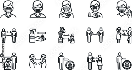 Health safety and hygiene icon collection with masks, sanitation and social interaction symbols, clean line vector set for healthcare, prevention and public awareness design