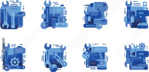 Mechanical repair and maintenance icon collection with tools, machines and equipment, modern vector set for engineering, construction, industrial service and technical design