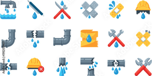 Plumbing repair icon collection with pipes, leaks, tools and water drops, flat vector set for maintenance, construction, utilities and home repair design