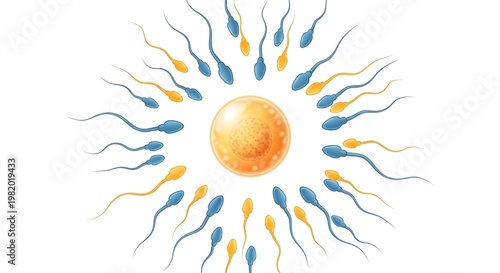 cartoon reproductive concept with central ovum in sharp detail and surrounding sperm forming blurred circular motion, blur and reveal composition, isolated white background, clean educational style