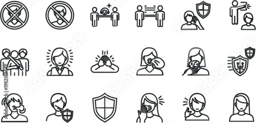 Public health and protection icon collection with masks, distancing and safety symbols, clean line vector set for hygiene awareness, prevention and community care design