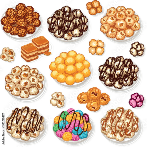 WebPopcorn flavors collection with caramel, chocolate and colorful toppings, detailed vector illustration set for snack themes, dessert menus, cinema treats and food design