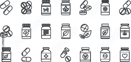 Supplement and medicine icon collection with capsules, pills and vitamin bottles, clean line vector set for healthcare, pharmacy, nutrition and wellness design
