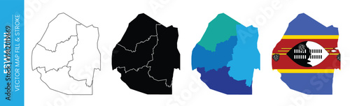 Eswatini map outline filled with national flag and regional divisions