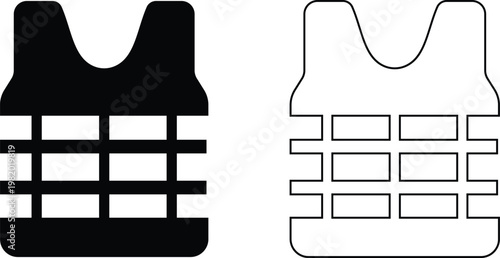 Bulletproof vest body armor protection icon set collection group in black flat and line style vector illustration, tactical military safety gear symbol pack minimal outline design bundle