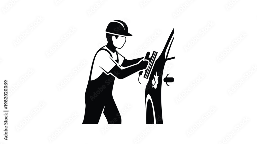 Fototapeta premium Worker in overalls and safety helmet operating a machine.