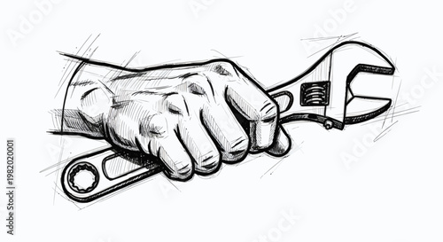 Artistic sketch of a human hand firmly holding an adjustable wrench, symbolizing mechanical repair, construction, maintenance, and the concept of skilled labor and problem-solving