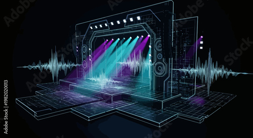 Futuristic digital stage with pulsating light beams and sound waves for concert or performance