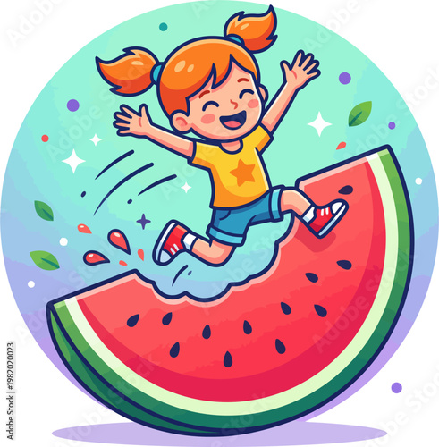 A young girl happily jumps on a refreshing watermelon slice outdoors.