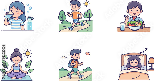 People engaging in various healthy lifestyle activities outdoors and indoors daily