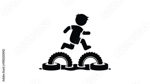 a child runs over obstacles on a rainbow.