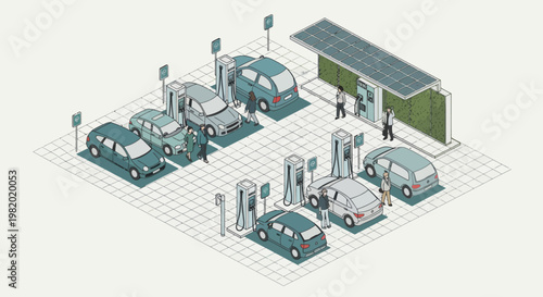 Isometric illustration of an advanced electric vehicle charging station powered by solar energy, depicting a sustainable hub for modern green transportation