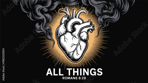 A black and white religious illustration featuring an anatomically detailed human heart in the center, rendered in a woodcut engraving style 