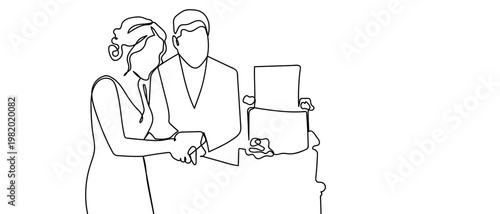 continuous line drawing of The bride and groom are cutting the cake at their wedding ceremony. vector illustration Editable stroke.