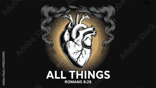 A black and white religious illustration featuring an anatomically detailed human heart in the center, rendered in a woodcut engraving style 