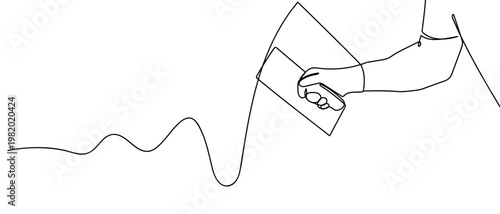 continuous line style The wall plasterer is working on the wall. Minimalist vector illustration isolated on white background Editable stroke.