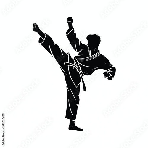 A black and white silhouette illustration of a martial arts practitioner performing a high kick.