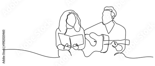 continuous line style A man and a woman are singing together. Minimalist vector illustration isolated on white background Editable stroke.