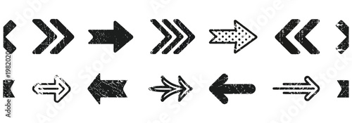 Set of grunge textured arrow icons, conveying direction, movement, and a retro or distressed aesthetic.