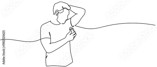 continuous line style The man is applying roll on deodorant to his armpits. Minimalist vector illustration isolated on white background Editable stroke.