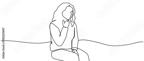 continuous line style The woman touched her neck with her hand she had a sore throat. Minimalist vector illustration isolated on white background Editable stroke.