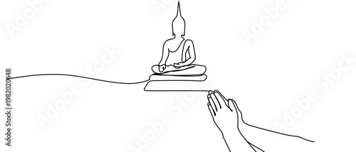 continuous line style People are paying respects to a Buddhist Buddha statue. Minimalist vector illustration isolated on white background Editable stroke.