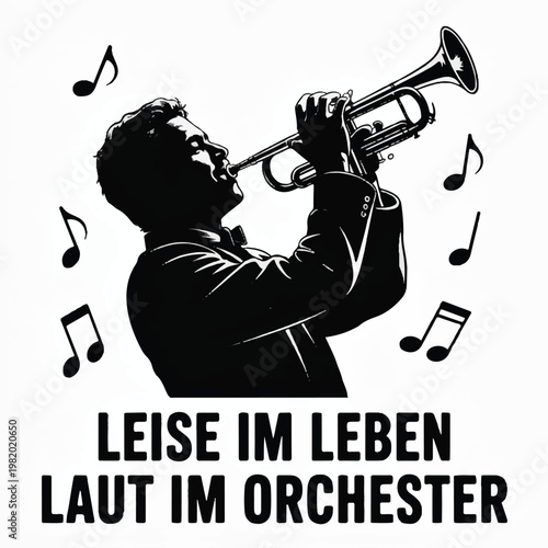 A black and white silhouette illustration of a musician playing a trumpet against a white background 