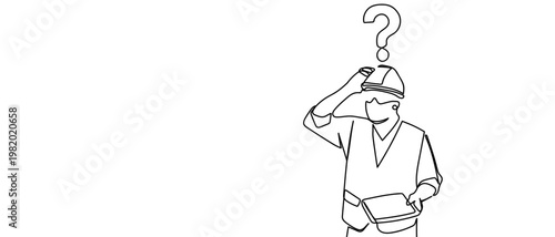 continuous line style The engineer was feeling confused there were question marks above his head. Minimalist vector illustration isolated on white background Editable stroke.