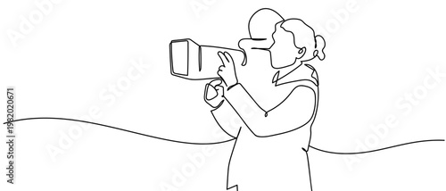 continuous line style A female photographer is carrying a film camera on her shoulder. Minimalist vector illustration isolated on white background Editable stroke.