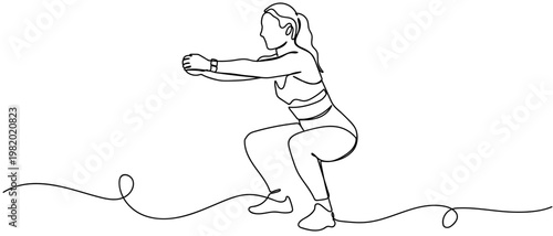continuous line style A woman is exercising by doing squats. Minimalist vector illustration isolated on white background Editable stroke.