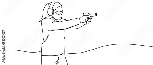 continuous line style A woman practicing shooting at a shooting range. Minimalist vector illustration isolated on white background Editable stroke.