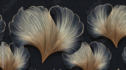 Stylized fan shaped botanical forms present a repeating pattern against a dark textured background.
