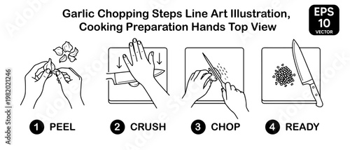 Garlic Chopping Steps Line Art Illustration, Cooking Preparation Hands Top View