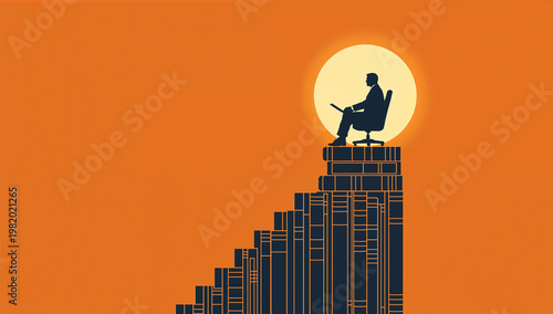 成功の階段を象徴する本の上の日本人男性シルエット