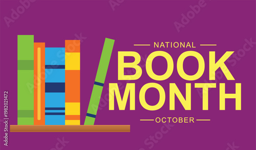 A vibrant illustration celebrating National Book Month in October, featuring colorful books on a wooden shelf against a purple background.