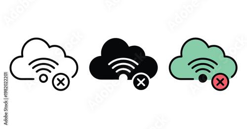 Cloud network disconnected icon set vector illustration representing no internet connection and server error symbols for digital, web, and technology design