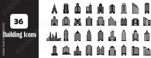 Minimalist Building Icons Vector Set – Modern City Skyline, Apartment & Skyscraper Architecture Collection
