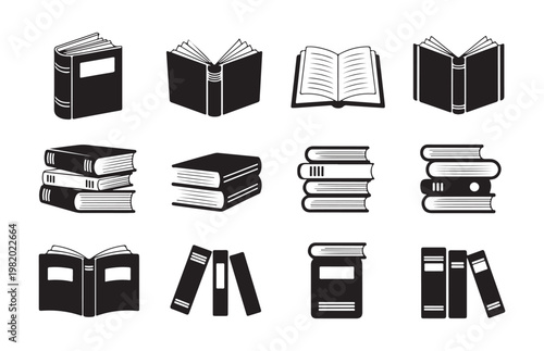 Set of various book silhouettes including open pages and stacked volumes for library and bookstore branding.