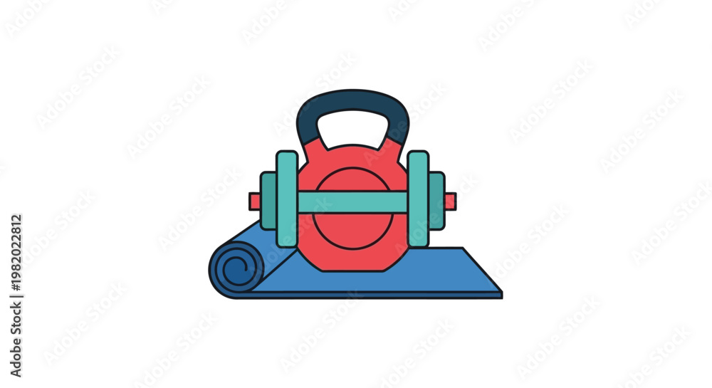 Naklejka premium Fitness equipment illustration dumbbell kettlebell and mat on white