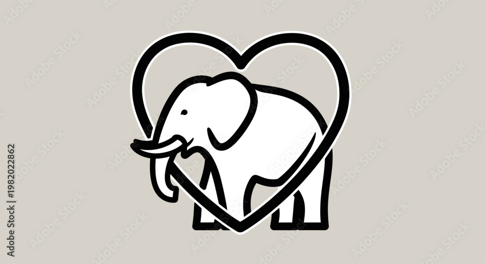 Fototapeta premium Black and white elephant icon heart.