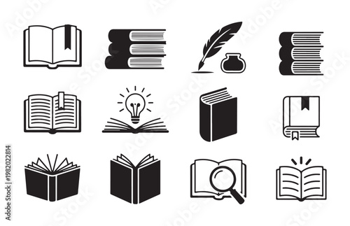 Book icon set. library reading concept. knowledge and education symbol. learning process sign collection.