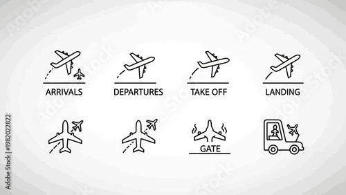 Airline travel concept icons arrivals departures takeoff and landing