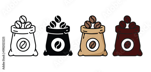 Coffee bean sack icon set vector illustration for wholesale coffee supply, organic farm harvest, and roasted bean storage symbols