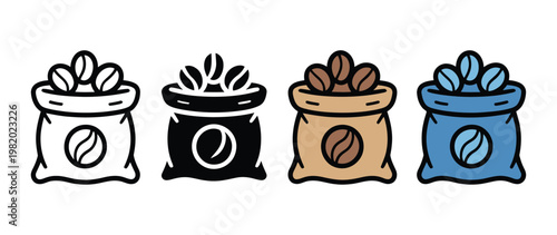 Coffee bean sack icon set vector illustration for wholesale coffee supply, organic farm harvest, and roasted bean storage symbols