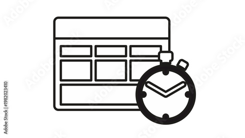 Black line vector icon illustration of a calendar schedule with a stopwatch timer, representing time management, project planning, deadlines, productivity, and efficient business scheduling.