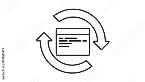 Black vector icon illustration of a web browser window with code lines and circular refresh arrows, symbolizing software updates, continuous integration, and web development cycles.