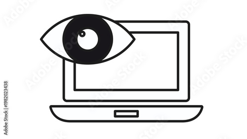 Digital Surveillance and Online Privacy Concept Vector Icon Illustration Featuring a Laptop Computer with a Large Eye Symbol Representing Monitoring, Spying, Cyber Security, and Data Protection.